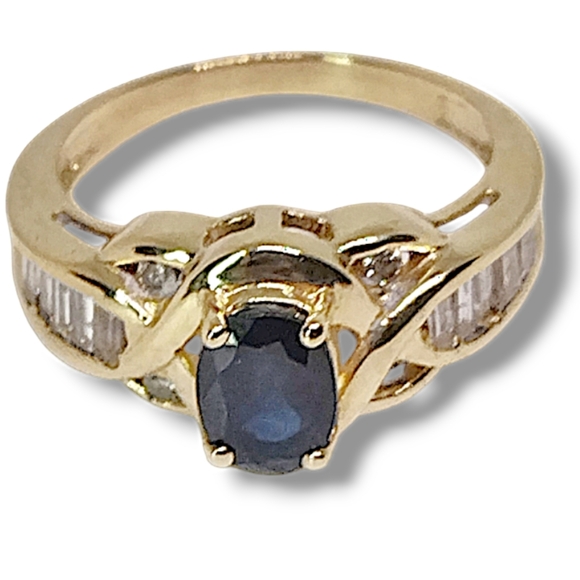 14k Gold Ring with Genuine Sapphire Center Stone Natural Baguette-cut D…